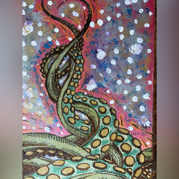 Octopus Tentacle Pyrography on Wood Panel Mixed Media Painting Wall Art 17X9 - Picture 11 of 16